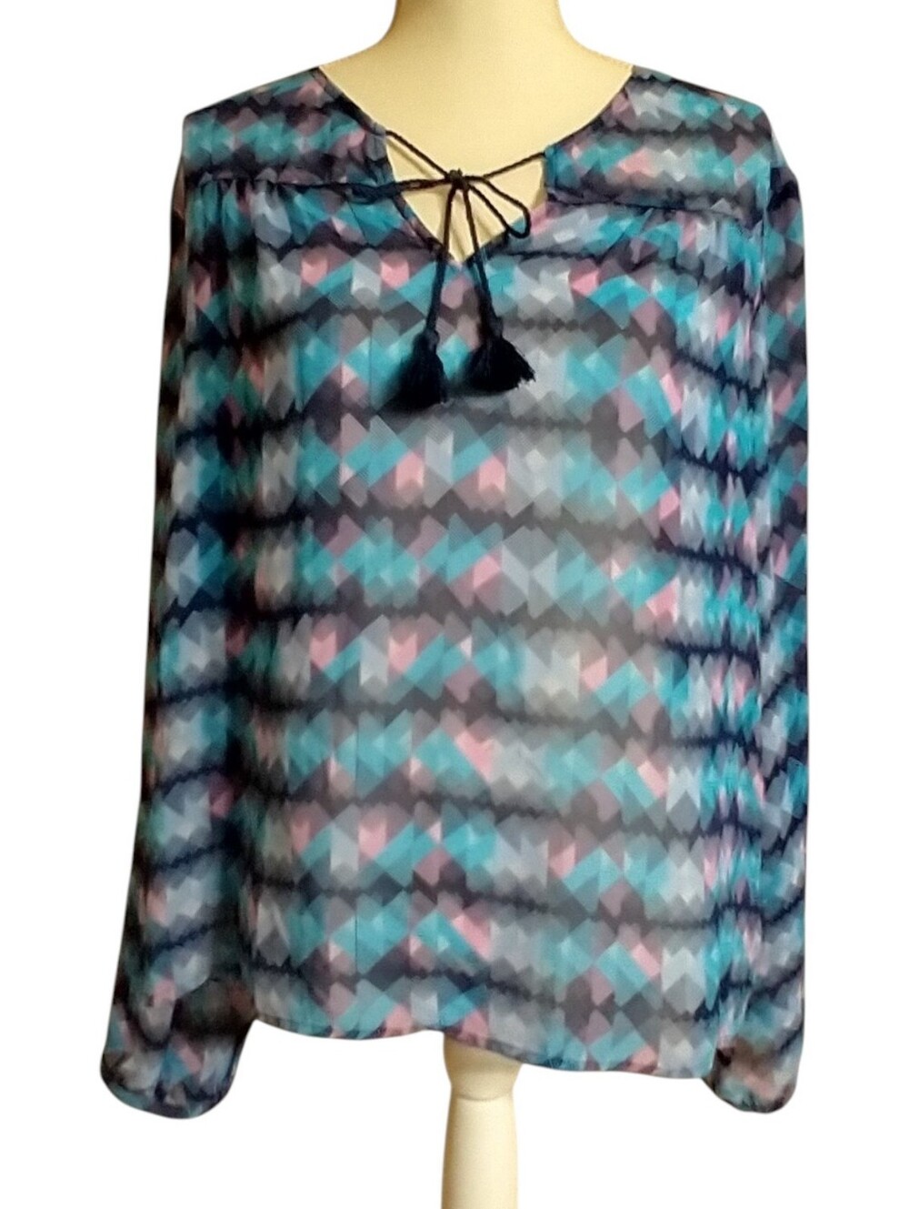 Sheer Geometric Tassel Tie Blouse